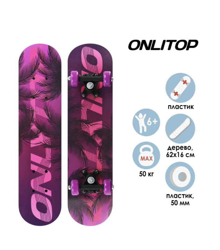 Скейтборд подростковый ONLITOP, 62×16 см, колёса PVC 50 мм, пластиковая рама Скейтборд подростковый ONLITOP, 62×16 см, колёса PVC 50 мм, пластиковая рама