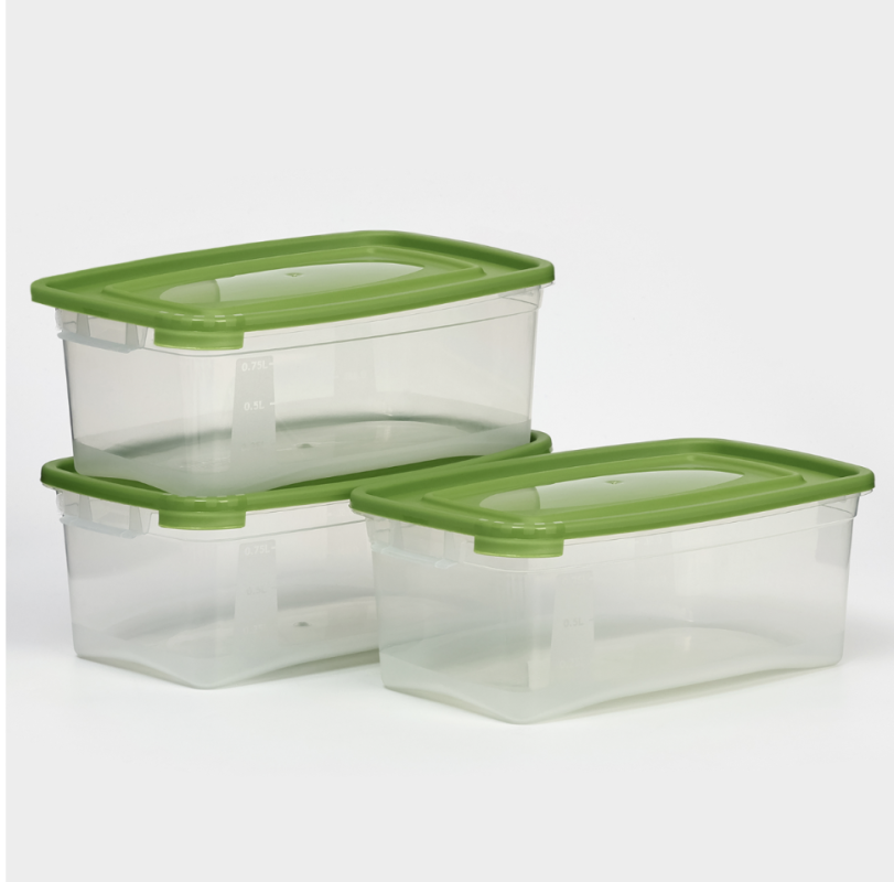 Набор контейнеров пищевых Доляна, 3 шт: 1 л, 18,5×12×7 см, прямоугольные, прозрачные, крышка зелёная