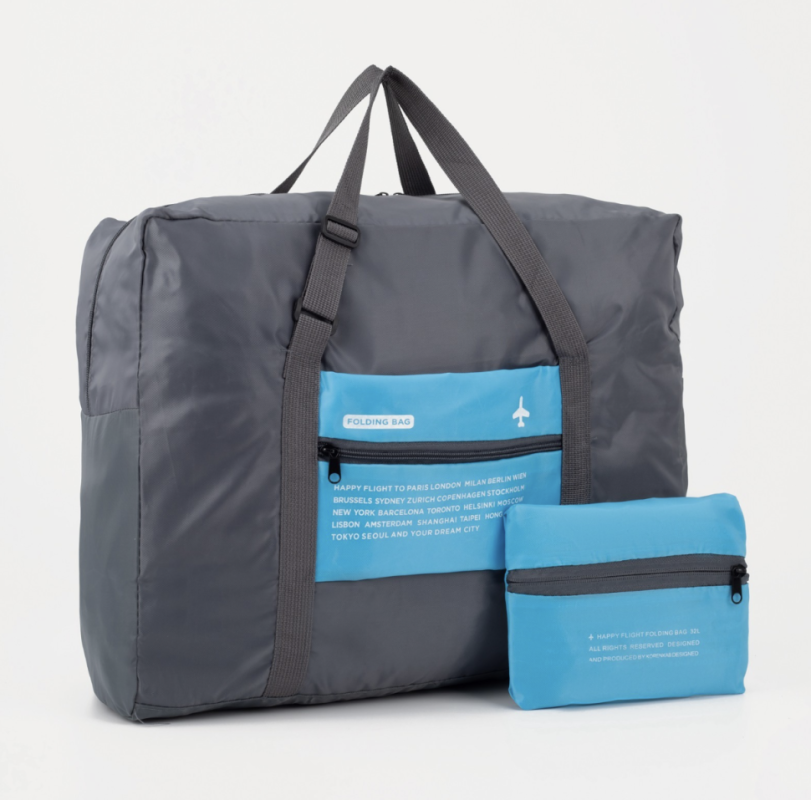 Сумка дорожная на молнии, складная в косметичку, наружный карман, цвет серый/голубой Сумка дорожная на молнии, складная в косметичку, наружный карман, цвет серый/голубой