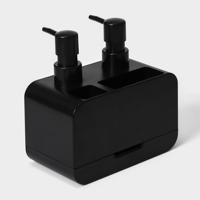 Двойной дозатор для мыла и моющего средства Raccoon, с губкой в комплекте, по 300 мл, цвет чёрный Двойной дозатор для мыла и моющего средства Raccoon, с губкой в комплекте, по 300 мл, цвет чёрный