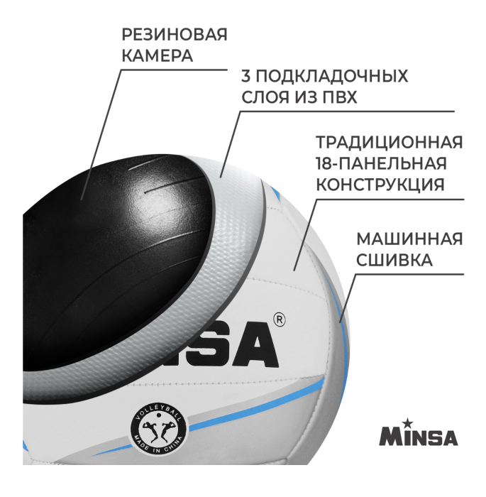 Мяч волейбольный MINSA, ПВХ, машинная сшивка, 18 панелей, р. 5 Мяч волейбольный MINSA, ПВХ, машинная сшивка, 18 панелей, р. 5