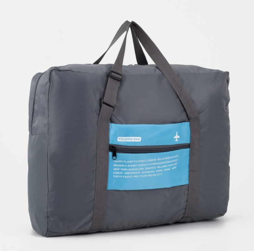 Сумка дорожная на молнии, складная в косметичку, наружный карман, цвет серый/голубой Сумка дорожная на молнии, складная в косметичку, наружный карман, цвет серый/голубой