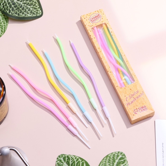 Свечи в торт коктейльные витые Свечи в торт коктейльные витые "С днем рождения", 6 шт, 16,5 см, разноцветные