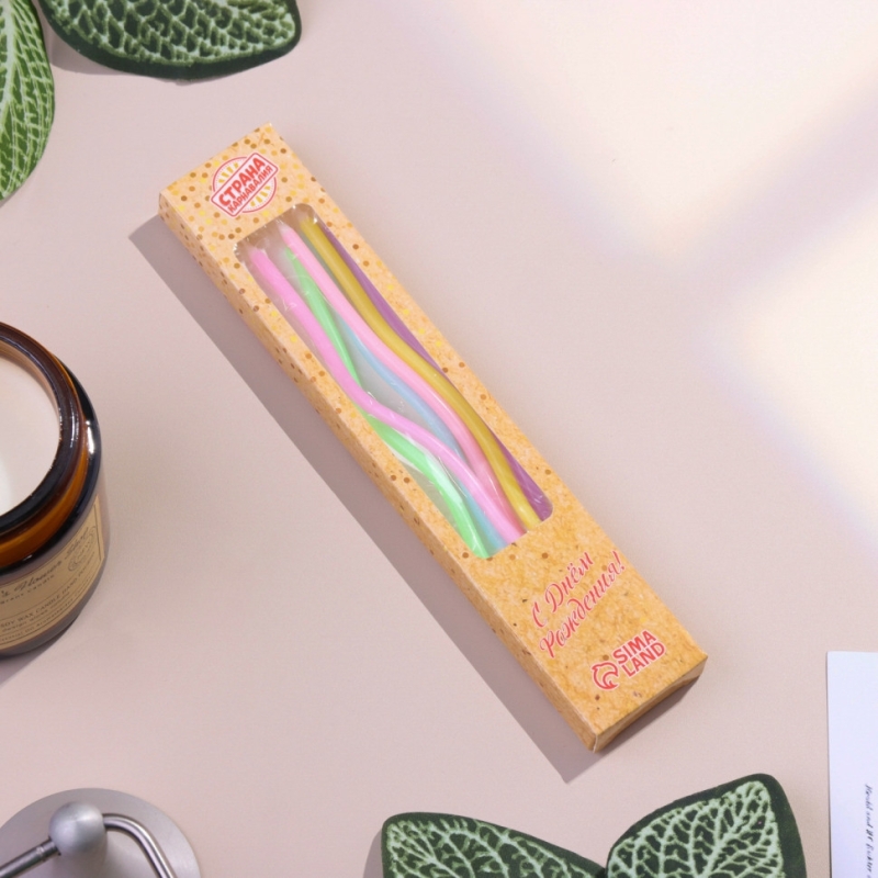 Свечи в торт коктейльные витые Свечи в торт коктейльные витые "С днем рождения", 6 шт, 16,5 см, разноцветные